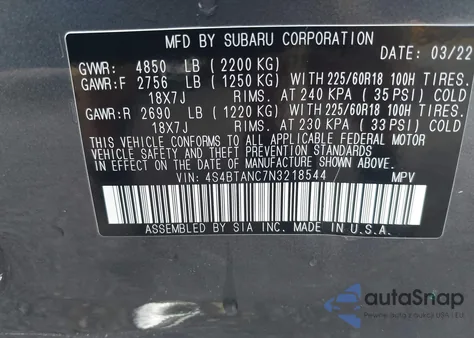 2022 Subaru Outback Limited z USA, uszkodzony, nr VIN 4S4BTANC7N3218544